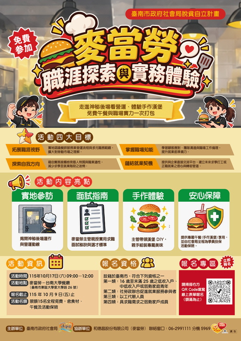 【徵才】臺南市政府社會局辦理「麥當勞職涯探索與實務體驗」活動圖片